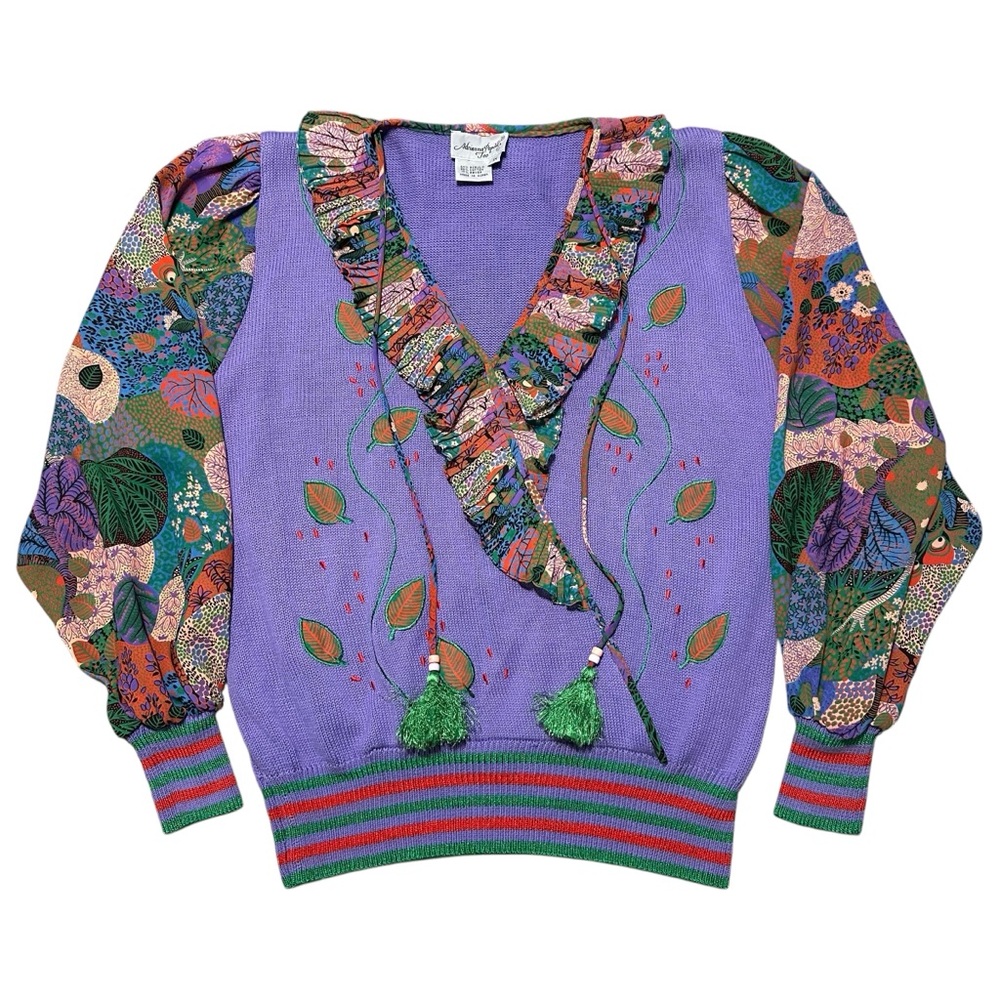 Vintage Adrianna Papell Purple Floral Boho Retro Embroidered Knit Sweater